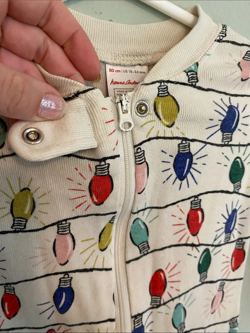 Hanna Andersson White One-Piece Pajamas with Christmas Lights Print Size 18M
